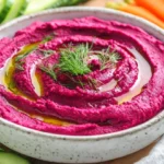 Bowl Of Vibrant Beet Hummus Garnished With Olive Oil And Fresh Dill, Surrounded By Colorful Vegetable Sticks