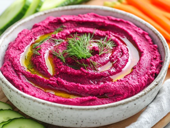 Bowl Of Vibrant Beet Hummus Garnished With Olive Oil And Fresh Dill, Surrounded By Colorful Vegetable Sticks