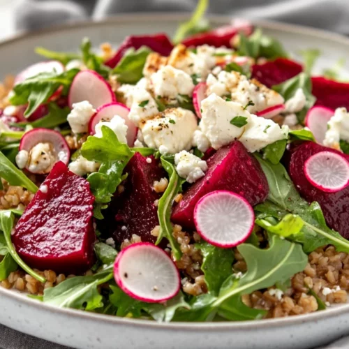 Beet Salad With Goat Cheese And Farro On A White Plate, Topped With Radishes And Fresh Herbs