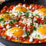 Best Shakshuka In A Cast-Iron Skillet Topped With Poached Eggs And Feta, Garnished With Parsley