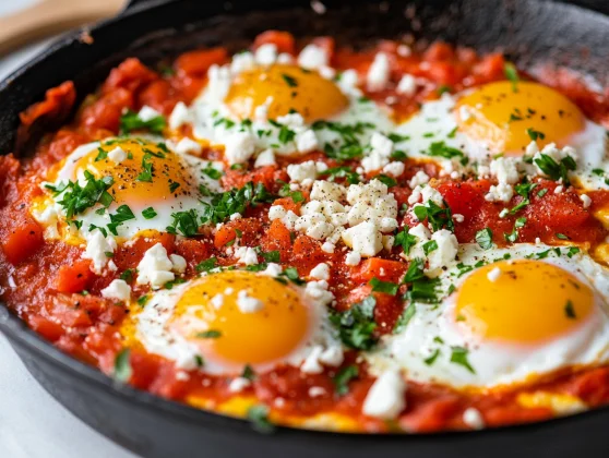 Best Shakshuka Recipe: Easy, Healthy, And Delicious 2 Best Shakshuka In A Cast-Iron Skillet Topped With Poached Eggs And Feta, Garnished With Parsley