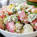 Bowl Of Blue Cheese Potato Salad Topped With Crumbled Cheese And Fresh Chives On A White Background