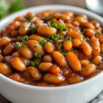 Bowl Of Brown Sugar Baked Beans Garnished With Parsley, Served On A Neutral Background With A Rustic Kitchen Towel.