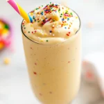 Creamy Cake Batter Protein Shake Topped With Rainbow Sprinkles In A Tall Glass On A White Background