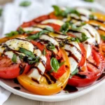 Caprese Salad With Balsamic Glaze Served On A White Plate, Garnished With Fresh Basil And Tomatoes