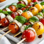 Caprese Skewers With Cherry Tomatoes, Mozzarella, And Basil Drizzled With Balsamic Reduction On A White Platter