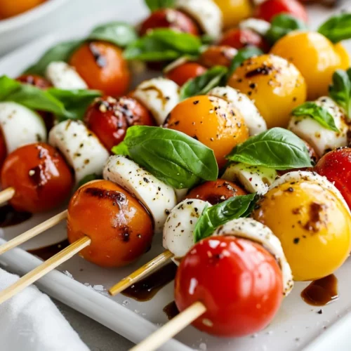 Easy Caprese Skewers Recipe: A Healthy No-Cook Party Appetizer 2 Caprese Skewers With Cherry Tomatoes, Mozzarella, And Basil Drizzled With Balsamic Reduction On A White Platter