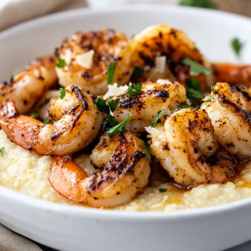 Bowl Of Cauliflower Grits With Shrimp, Topped With Parsley And Lemon On A Neutral Background