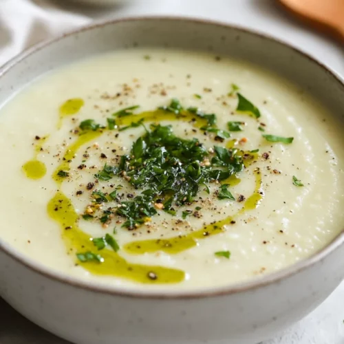 Bowl Of Creamy Cauliflower Soup With Herbs, Drizzled With Green Herb Oil And Topped With Dukkah