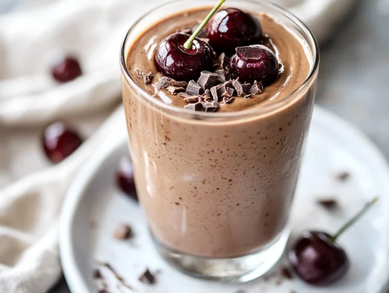 Cherry Mocha Smoothie In A Clear Glass Topped With Almond Butter And Cacao Nibs, Served On A White Plate