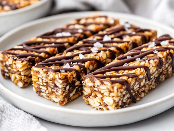 Healthy Chewy Snack Bars Your Whole Family Will Love 2 Close-Up Of Chewy Snack Bars Drizzled With Dark Chocolate On A White Plate, Garnished With Sea Salt.