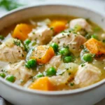 Bowl Of Chicken And Dumplings Stew With Fresh Dill, Filled With Vegetables And Golden Dumplings