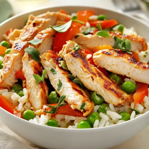 Easy Chicken And Rice Bowl Recipe: Healthy, Tasty, And Quick 2 Delicious Chicken And Rice Bowl With Grilled Chicken, Veggies, And Herbs In A White Bowl