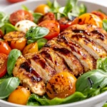 Chicken Cutlet Salad With Crispy Chicken, Heirloom Tomatoes, Mozzarella, And Fresh Basil On A White Plate