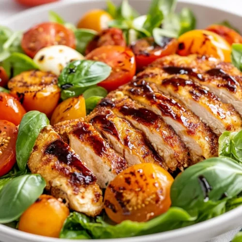 Chicken Cutlet Salad With Crispy Chicken, Heirloom Tomatoes, Mozzarella, And Fresh Basil On A White Plate