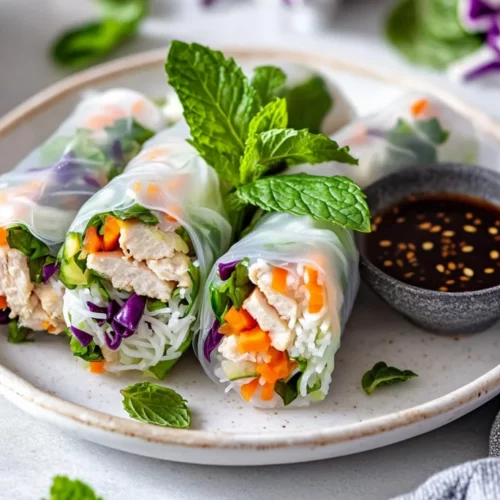 Chicken Summer Rolls: A Healthy And Delicious Fresh Roll Recipe 2 Plate Of Chicken Summer Rolls Wrapped In Rice Paper With Fresh Mint And Hoisin Dipping Sauce