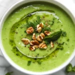 Bowl Of Chilled Cucumber Soup Topped With Toasted Walnuts And Fresh Herbs On A Simple White Background.