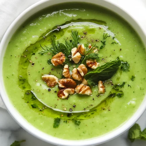 Bowl Of Chilled Cucumber Soup Topped With Toasted Walnuts And Fresh Herbs On A Simple White Background.