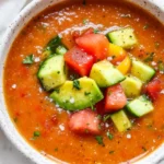Bowl Of Chilled Gazpacho Soup Garnished With Avocado And Watermelon Cubes On A Neutral Background