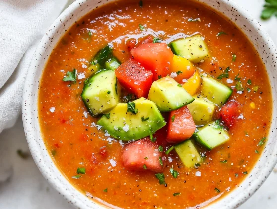 Bowl Of Chilled Gazpacho Soup Garnished With Avocado And Watermelon Cubes On A Neutral Background