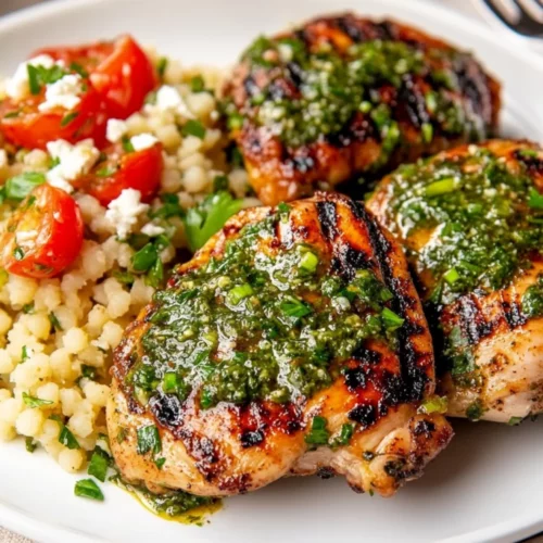 Chimichurri Grilled Chicken With Couscous Salad: Healthy &Amp; Delicious 2 Plate Of Chimichurri Grilled Chicken With Couscous Salad, Garnished With Fresh Herbs And Cherry Tomatoes