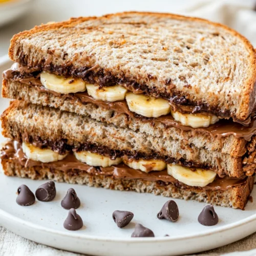 Chocolate Banana Sandwich Recipe: Quick, Healthy, And Delicious 2 Chocolate Banana Sandwich On A White Plate, Showcasing Layers Of Peanut Butter, Banana, And Chocolate Chips
