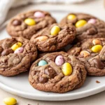 Chocolate Cadbury Egg Cookies On A White Plate, Golden Edges, Vibrant Cadbury Eggs, Inviting And Delicious.