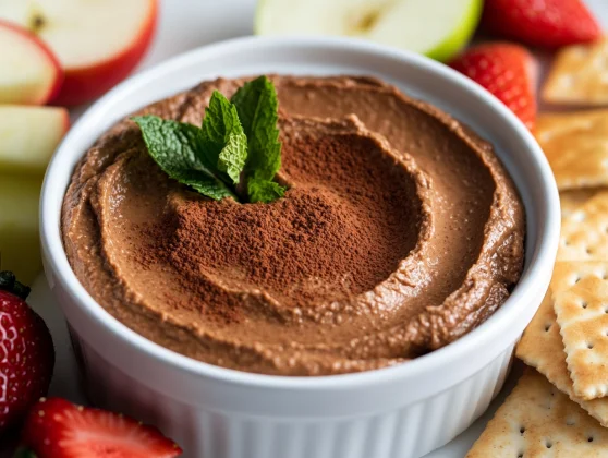 Decadent &Amp; Healthy Chocolate Hummus Dip Recipe 2 Creamy Chocolate Hummus Dip In A White Bowl Garnished With Cocoa Powder And Mint, Served With Fresh Fruits And Crackers