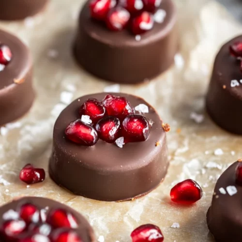 Chocolate Pomegranate Bites: A Healthy No-Bake Snack 2 Chocolate Pomegranate Bites On A White Plate, Garnished With Pomegranate Seeds And Dusted With Cocoa Powder