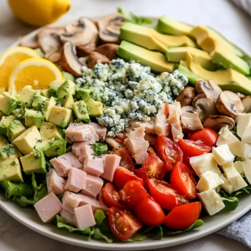 Colorful Cobb Salad On A White Plate Topped With Blue Cheese And Olives, Garnished With Lemon Slices