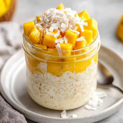 Coconut Mango Overnight Oats In A Glass Jar Topped With Fresh Mango And Shredded Coconut, Served With A Spoon