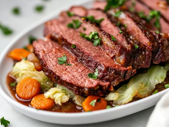 Tender Corned Beef And Cabbage Slow Cooker Recipe For A Healthy Meal 2 Tender Corned Beef And Cabbage Slow Cooker On A White Plate Garnished With Carrots And Steaming Broth