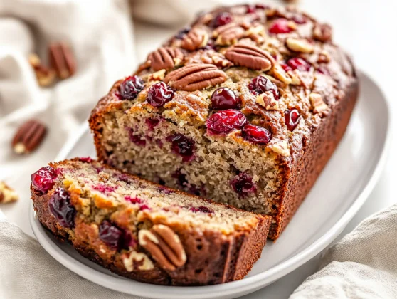 The Ultimate Cranberry Banana Bread Recipe For A Healthy Treat 2 Sliced Cranberry Banana Bread On A White Plate With Chopped Pecans, Showcasing A Moist Texture And Cranberries