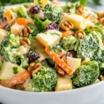 Colorful Creamy Broccoli Apple Salad In A White Bowl, Topped With Walnuts And Cranberries, Served Fresh