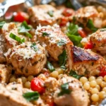 Creamy Chicken Foil Packets Filled With Chicken And Couscous, Garnished With Basil And Parmesan Cheese