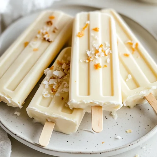 Creamy Coconut Popsicles On A White Plate, Topped With Coconut Flakes And Set Against A Neutral Background.