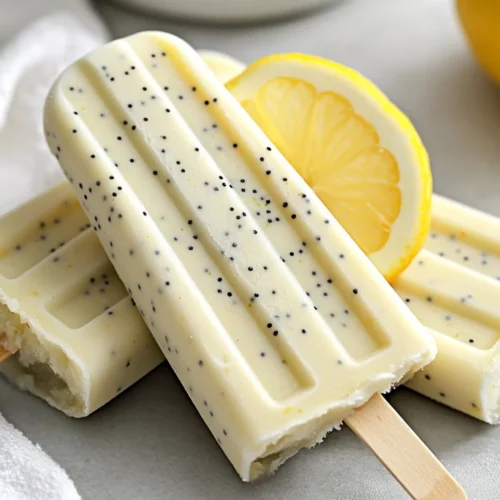 Creamy Lemon Poppy Seed Ice Pops - A Healthy Summer Treat 2 Creamy Lemon Poppy Seed Ice Pops In A Clear Cup Garnished With A Lemon Slice And Poppy Seeds On A Gray Background.