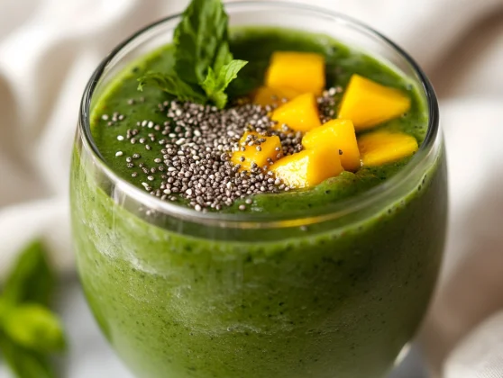 Creamy Spirulina Green Smoothie With Mango - Nutrient-Packed Breakfast 2 Creamy Spirulina Green Smoothie With Mango In A Clear Glass Garnished With Hemp Seeds And Mint Leaves