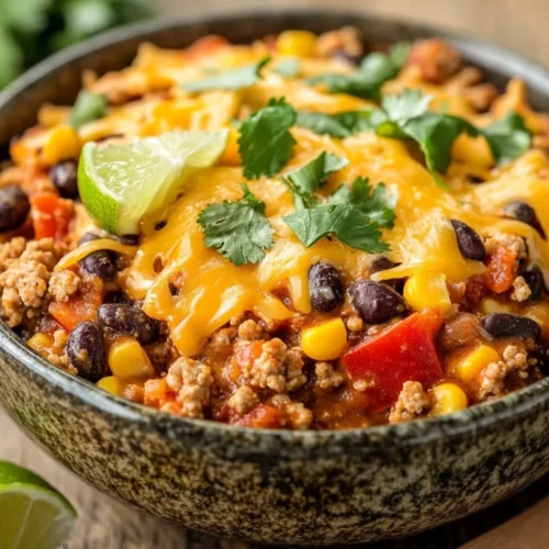 Crock Pot Taco Casserole In A Rustic Bowl, Topped With Melted Cheese And Fresh Parsley, Served With Lime Wedges