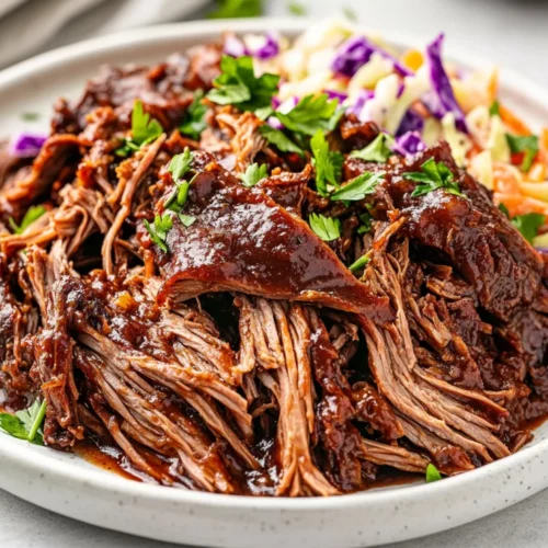 Tender Crockpot Bbq Beef Served On A White Plate With Crunchy Coleslaw And Garnished With Fresh Parsley