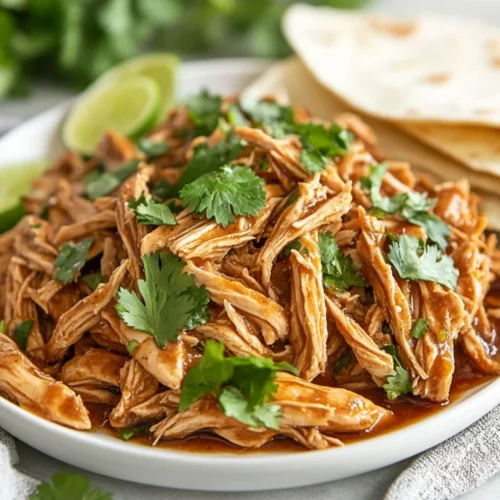 Crockpot Cilantro Lime Chicken On A White Plate, Garnished With Cilantro And Served With Warm Tortillas