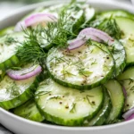 Cucumber Dill Salad Served In A White Bowl, Garnished With Fresh Dill And Red Onion Slices