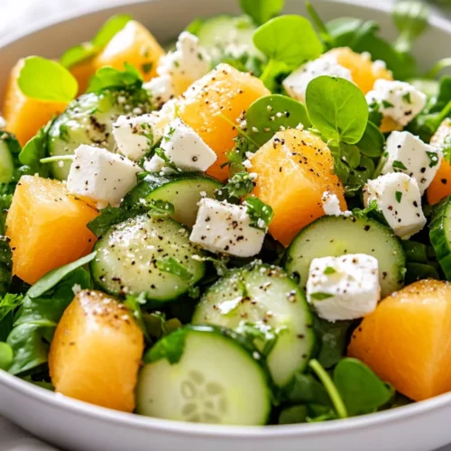 Cucumber Melon Salad In A White Bowl, Garnished With Feta And Watercress, Showcasing Bright Colors And Fresh Ingredients.