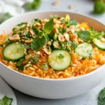 Cucumber Rice Salad With Crispy Rice, Fresh Cucumbers, And Tangy Dressing In A White Bowl, Garnished With Peanuts And Herbs