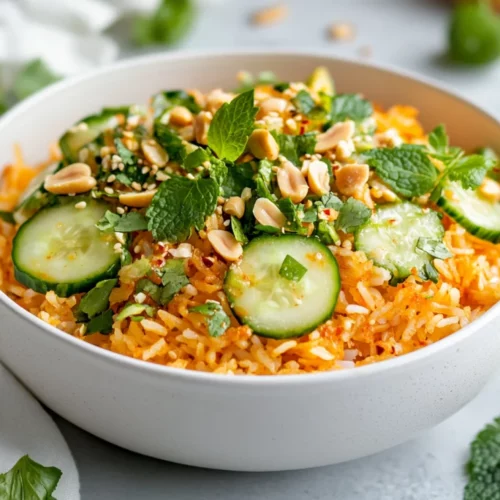 Cucumber Rice Salad With Crispy Rice And Tangy Gochujang Dressing 2 Cucumber Rice Salad With Crispy Rice, Fresh Cucumbers, And Tangy Dressing In A White Bowl, Garnished With Peanuts And Herbs