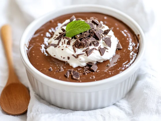 Creamy Dark Chocolate Peanut Butter Pudding Topped With Whipped Cream And Chocolate Shavings In A White Bowl