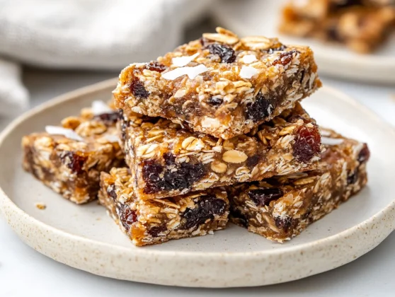 Dried Fruit Energy Bars On A Light Plate Showcasing Texture, Topped With Coconut Flakes.