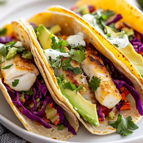 Easy Fish Tacos: Healthy, Delicious, And Ready In Under 30 Minutes 2 Plate Of Easy Fish Tacos Filled With Fish, Red Cabbage, And Avocado, Drizzled With Sauce And Garnished With Cilantro