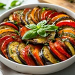 Colorful Easy Ratatouille In A White Bowl, Topped With Fresh Basil And Olive Oil, Showcasing Vibrant Vegetables.