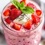 Close-Up Of Easy Strawberry Overnight Oats In A Clear Jar Topped With Strawberries And Yogurt On A White Surface